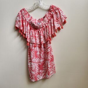 La Mer Luxe Top Women's S Coral White Palm Leaf Tassels Off Shoulder Hawaiian